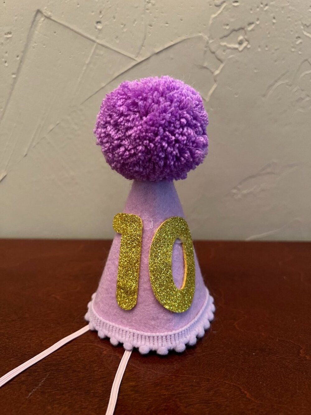 Dog 10th Birthday Hat Purple Pink Pom Pom Party Cap Adjustable Pet Costume